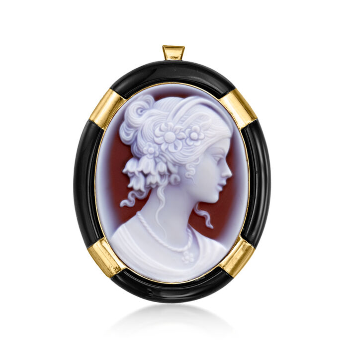 C. 1970 Vintage Red Agate Cameo Pin/Pendant with Onyx in 14kt Yellow Gold