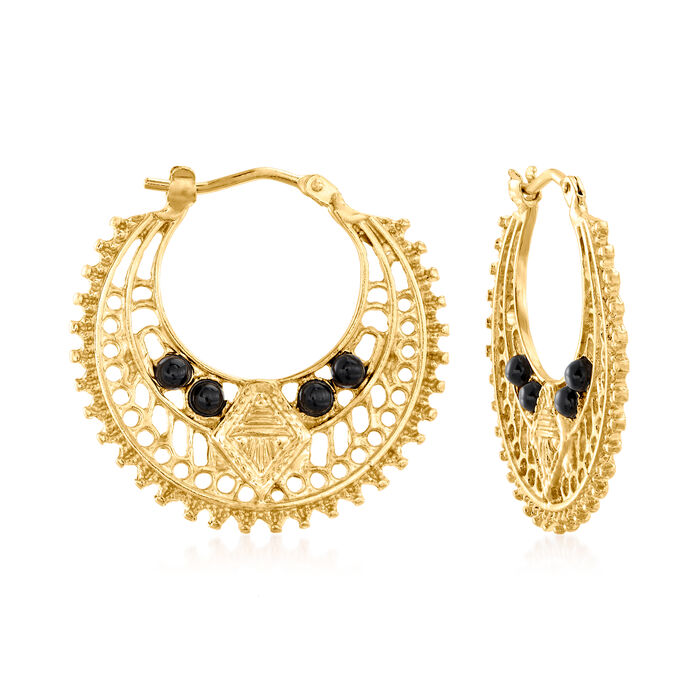 Italian Black Onyx Openwork Hoop Earrings in 18kt Gold Over Sterling