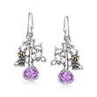 2.80 ct. t.w. Amethyst Bali-Style Owl on Tree Drop Earrings in Sterling Silver with 18kt Yellow Gold