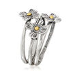 Sterling Silver and 14kt Yellow Gold Jewelry Set: Three Flower Rings