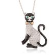 Black Spinel and .15 ct. t.w. Diamond Cat Pin Pendant Necklace with Emeralds in Two-Tone Sterling Silver