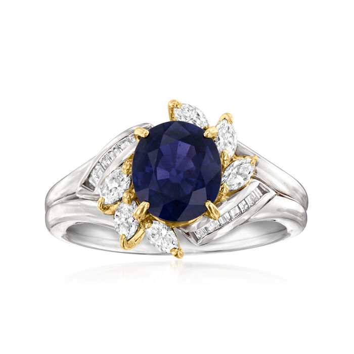 C. 1990 Vintage 1.90 Carat Sapphire and .48 ct. t.w. Diamond Leaf Ring in Platinum and 18kt Yellow Gold