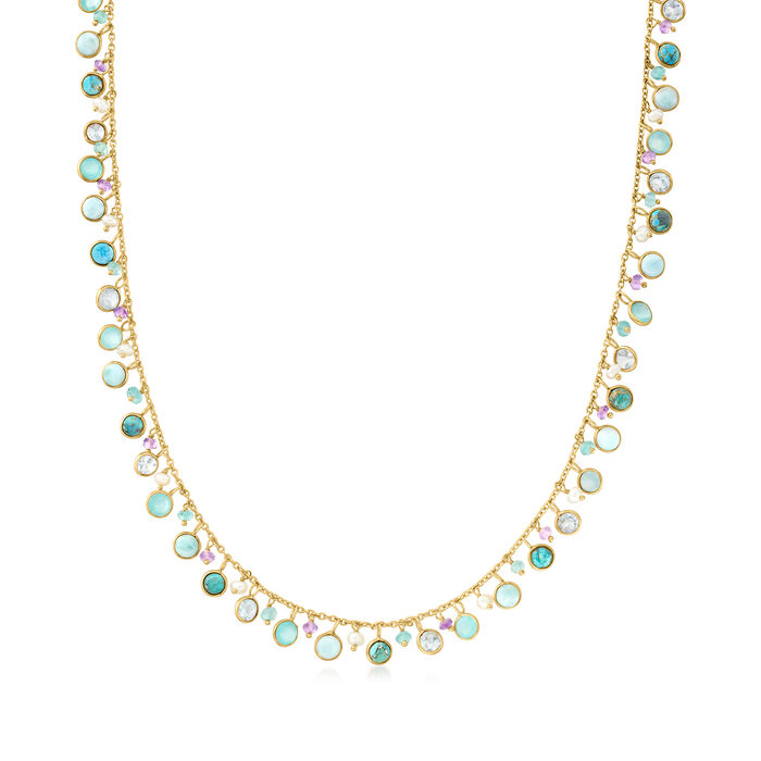 3-4mm Cultured Pearl and 11.15 ct. t.w. Multi-Gemstone Necklace in 18kt Gold Over Sterling