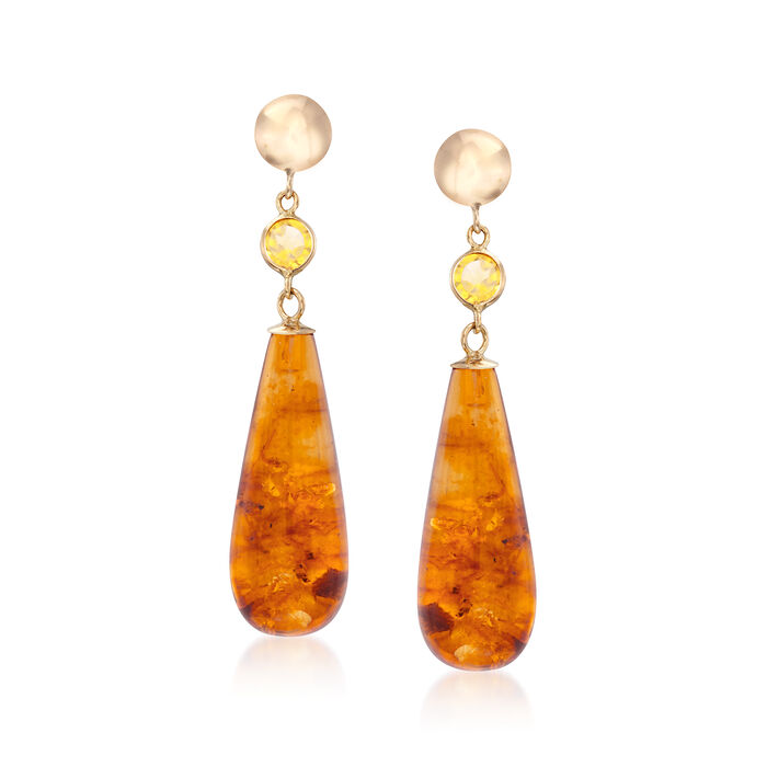 Amber Teardrop Earrings with Citrine Accents in 14kt Yellow Gold