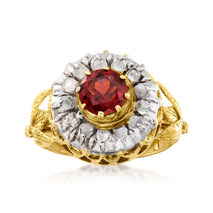 C. 1990 Vintage 1.14 Carat Garnet and .40 ct. t.w. Diamond Ring in 14kt Yellow Gold