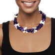 495.00 ct. t.w. Amethyst, 4-10mm Lapis and 8x12mm White Shell Bead Necklace with Sterling Silver 18-inch