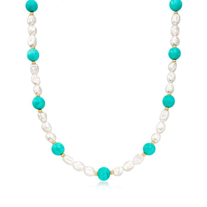 8-9mm Cultured Pearl and 12mm Turquoise Bead Necklace in 14kt Yellow Gold