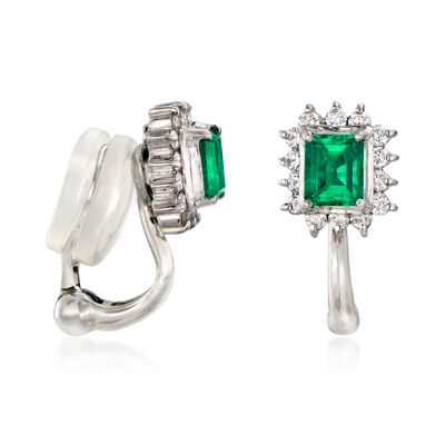 C. 1990 Vintage .67 ct. t.w. Emerald and .32 ct. t.w. Diamond Clip-On Drop Earrings in Platinum