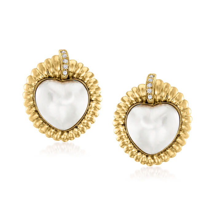 C. 1980 Vintage 15x15mm Cultured Mabe Pearl Heart Earrings with .20 ct. t.w. Diamonds in 14kt Yellow Gold