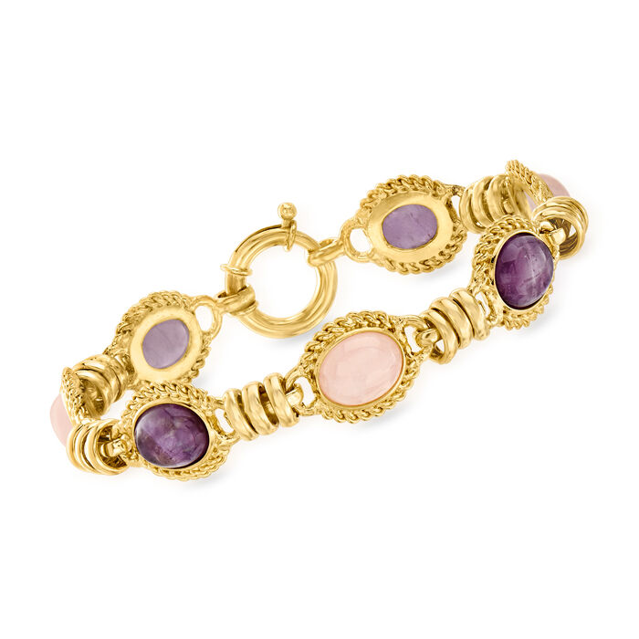12.00 ct. t.w. Amethyst and 10.00 ct. t.w. Rose Quartz Bracelet in 18kt Gold Over Sterling