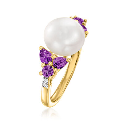 9.5-10mm Cultured Pearl and .80 ct. t.w. Amethyst Ring with Diamond Accents in 18kt Gold Over Sterling