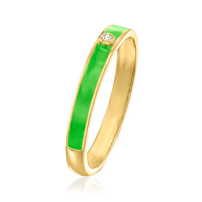 Diamond-Accented Green Enamel Ring in 18kt Gold Over Sterling