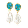 7-11mm Cultured Baroque Pearl and Turquoise Drop Earrings in 18kt Gold Over Sterling