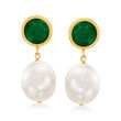 9.5-10mm Cultured Pearl and 3.50 ct. t.w. Emerald Drop Earrings in 14kt Yellow Gold