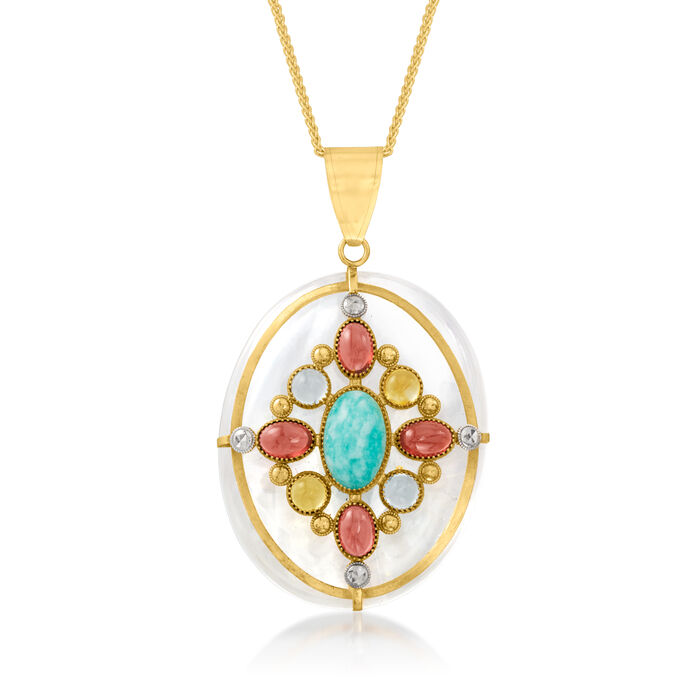 C. 1980 Vintage Larimar, 45.00 Carat Rock Crystal and 3.45 ct. t.w. Multi-Gemstone Pendant Necklace in 14kt Yellow Gold