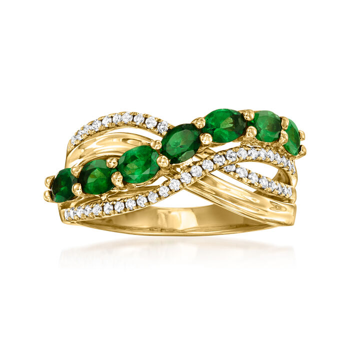 C. 1990 Vintage 1.15 ct. t.w. Emerald and .35 ct. t.w. Diamond Twisted Ring in 18kt Yellow Gold