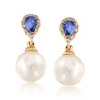 .30 ct. t.w. Sapphire and 7.5-8mm Cultured Pearl Earrings with Diamonds in 14kt Yellow Gold