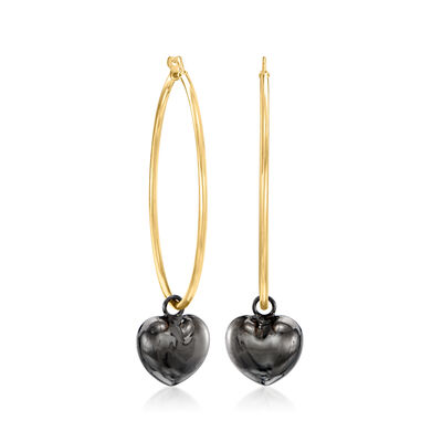 Italian 18kt Gold Over Sterling Hoop Earrings with Removable Black Rhodium and Sterling Silver Heart Charms