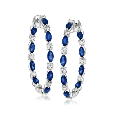 3.10 ct. t.w. Sapphire and 1.00 ct. t.w. Diamond Inside-Outside Hoop Earrings in 14kt White Gold