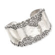 Sterling Silver Hammered and Polished Filigree-Edge Wide Cuff Bangle Bracelet