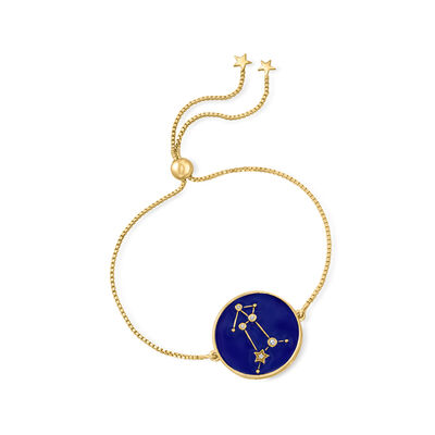 White Zircon and Blue Enamel Zodiac Constellation Circle Bolo Bracelet in 18kt Gold Over Sterling