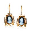C. 1940 Vintage Black Agate Cameo Drop Earrings in 14kt Yellow Gold and 18kt Yellow Gold