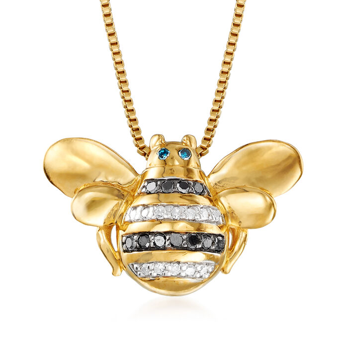 18kt Gold Over Sterling Bumblebee Pendant Necklace with Multicolored Diamond Accents