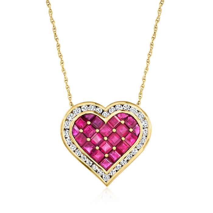 C. 1990 Vintage 3.00 ct. t.w. Ruby and .75 ct. t.w. Diamond Heart Pendant Necklace in 14kt Yellow Gold