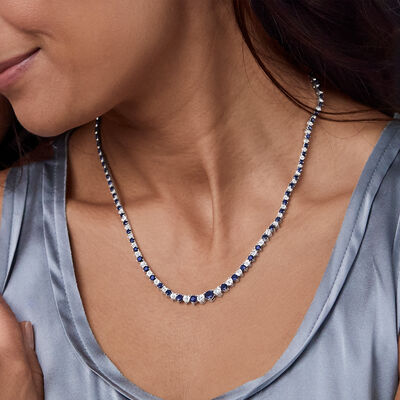 9.00 ct. t.w. Sapphire and 1.50 ct. t.w. Diamond Tennis Necklace in Sterling Silver
