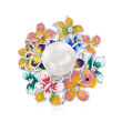 8.5-9mm Cultured Pearl Flower Ring with Diamond Accents and Multicolored Enamel in Sterling Silver