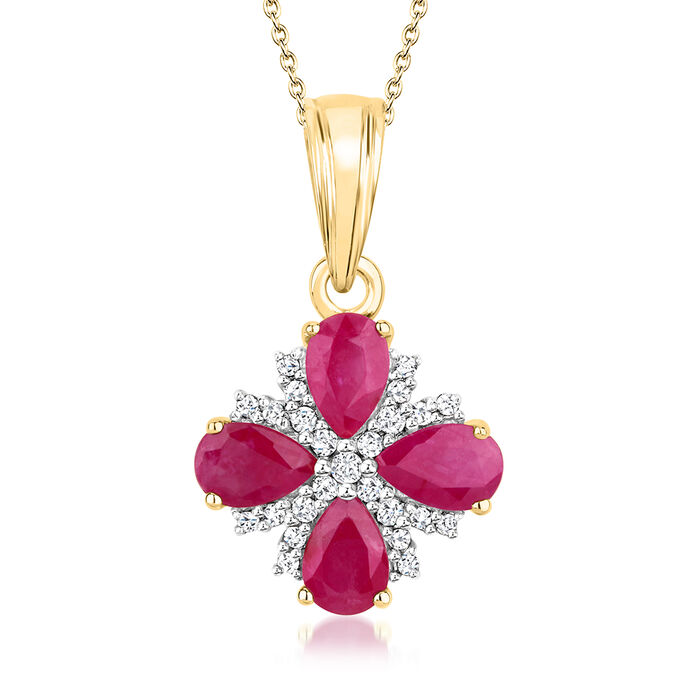 1.50 ct. t.w. Ruby and .10 ct. t.w. White Topaz Flower Pendant Necklace in 18kt Gold Over Sterling