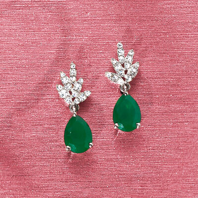 1.20 ct. t.w. Emerald and .20 ct. t.w. Diamond Leaf Drop Earrings in 14kt White Gold