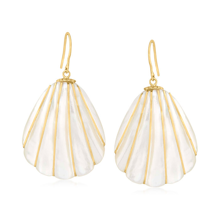 Mother-of-Pearl and 4-4.5mm Cultured Pearl Seashell Drop Earrings in 14kt Yellow Gold