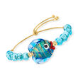 Italian Multicolored Murano Glass Fish and Bead Bolo Bracelet with 18kt Gold Over Sterling