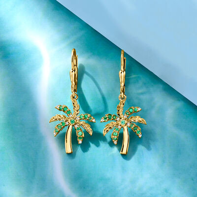 .20 ct. t.w. Emerald Palm Tree Drop Earrings with Diamond Accents in 18kt Gold Over Sterling