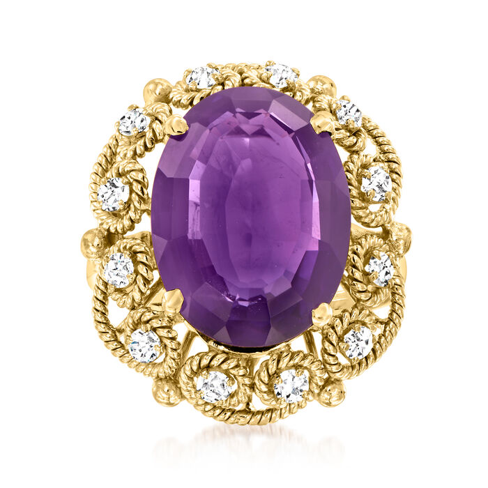 C. 1980 Vintage 8.00 Carat Amethyst and .55 ct. t.w. Diamond Swirl Ring in 14kt Yellow Gold
