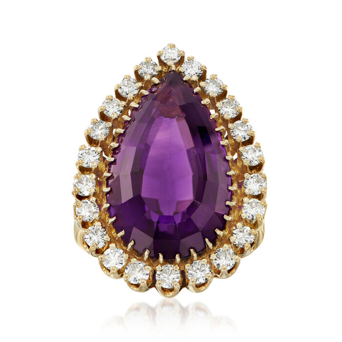 C. 1970 Vintage 11.50 Carat Amethyst and 1.10 ct. t.w. Diamond Ring in 14kt Yellow Gold