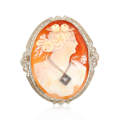 C. 1940 Vintage Orange Shell Cameo Pin/Pendant with Diamond Accent in 14kt White Gold