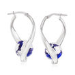 Italian Blue and Silvertone Murano Glass Bead Curved Hoop Earrings in Sterling Silver