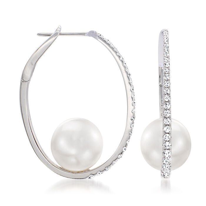 10-11mm Cultured South Sea Pearl Hoop Earrings with .55 ct. t.w. Diamonds in 18kt White Gold