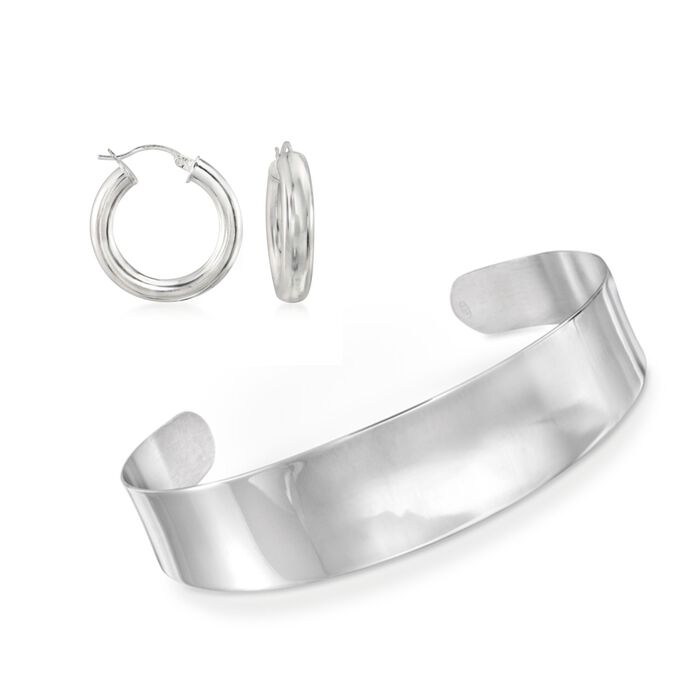Italian Sterling Silver Jewelry Set: Cuff Bracelet and Hoop Earrings