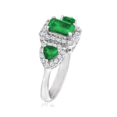 1.60 ct. t.w. Emerald and .54 ct. t.w. Diamond Three-Stone Ring in 18kt White Gold