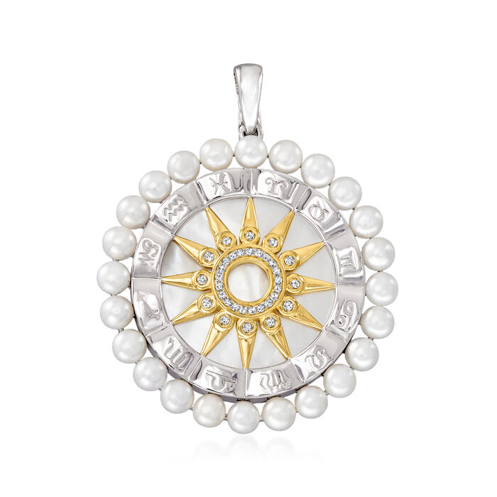 Mother-Of-Pearl and 3.5-4mm Cultured Pearl Zodiac Pendant with .10 ct. t.w. Diamonds in Two-Tone Sterling Silver