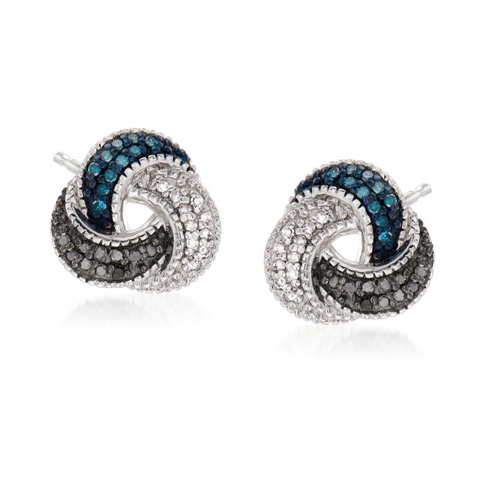 .25 ct. t.w. Blue, Black and White Diamond Love Knot Earrings in Sterling Silver