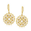 3-5mm Cultured Pearl Floral Filigree Drop Earrings in 18kt Gold Over Sterling