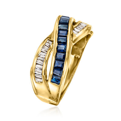 C. 1980 Vintage 1.05 ct. t.w. Sapphire and .35 ct. t.w. Diamond Crisscross Ring in 14kt Yellow Gold