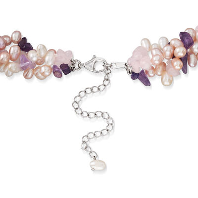 8mm Cultured Pearl and 330.00 ct. t.w. Rose Quartz Torsade Necklace with 145.00 ct. t.w. Amethysts in Sterling Silver