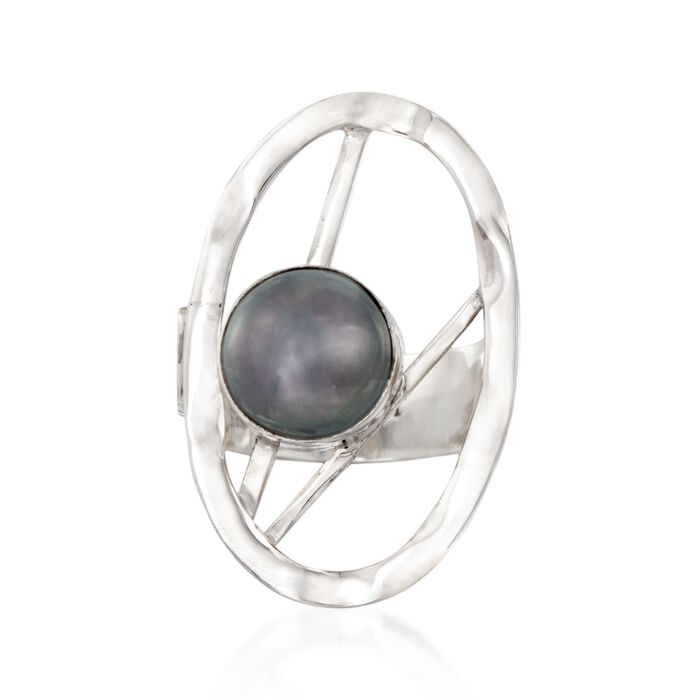 9-10mm Black Cultured Pearl Oval Abstract Ring in Sterling Silver