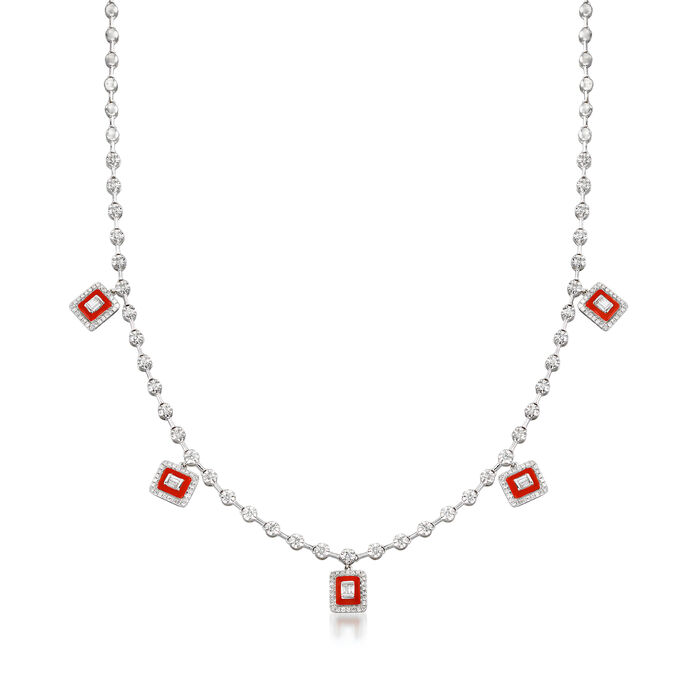 1.15 ct. t.w. Diamond Station Drop Necklace with Red Enamel in 18kt White Gold