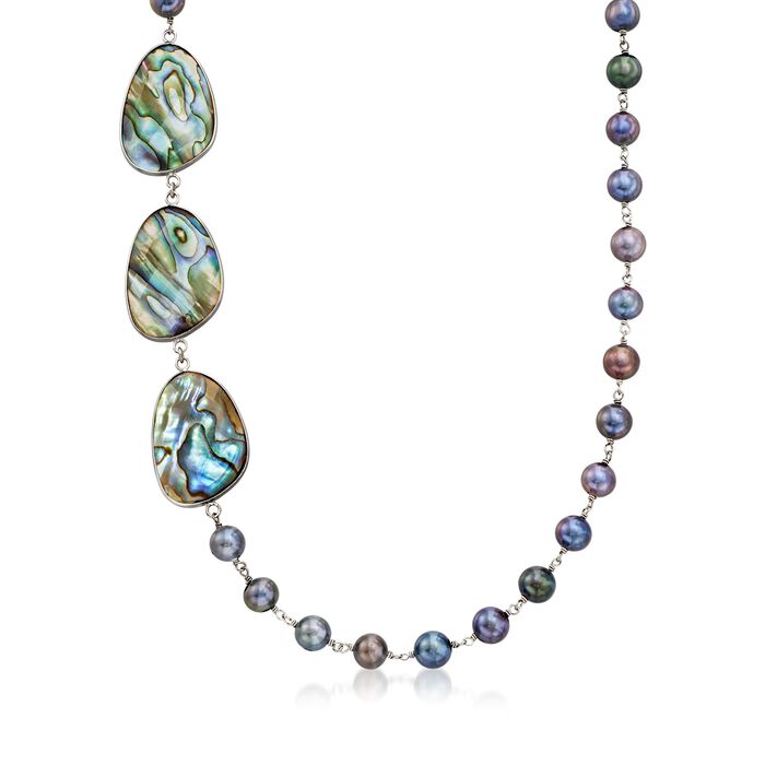 Abalone Shell Doublet and 7.5-8mm Black Cultured Pearl Necklace in Sterling Silver